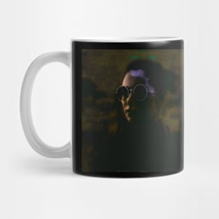 Beautiful girl with round glasses. Dark, like in night dream. Yellow, green and violet. Mug